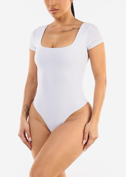 White Short Sleeve Square Neck Stretch Thong Bodysuit