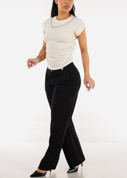 Stretchy Short Sleeve Ruched Ivory Blouse w Necklace