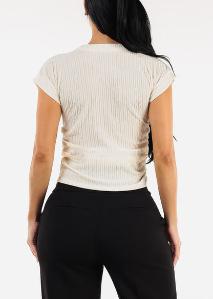 Stretchy Short Sleeve Ruched Ivory Blouse w Necklace