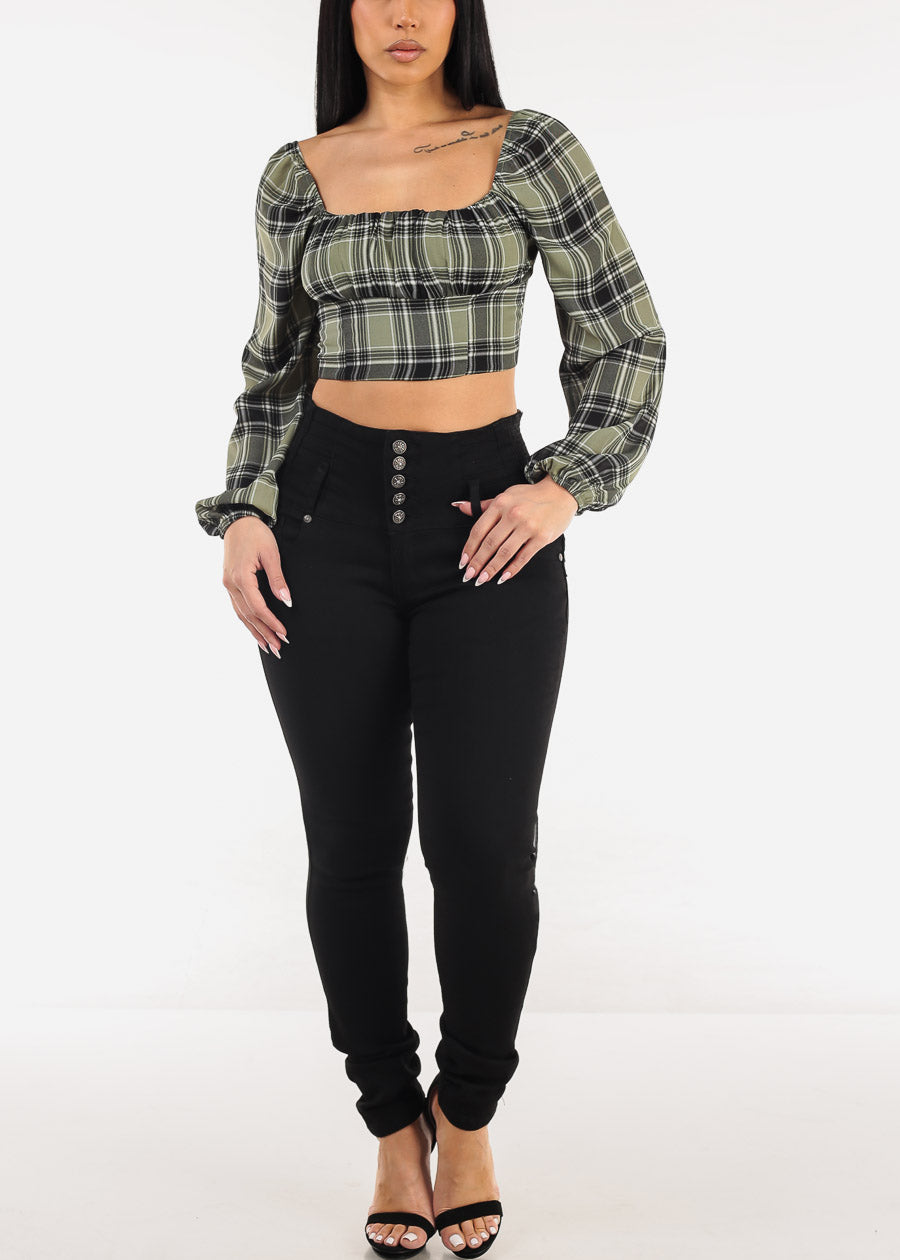 Long Sleeve Plaid Crop Top Olive