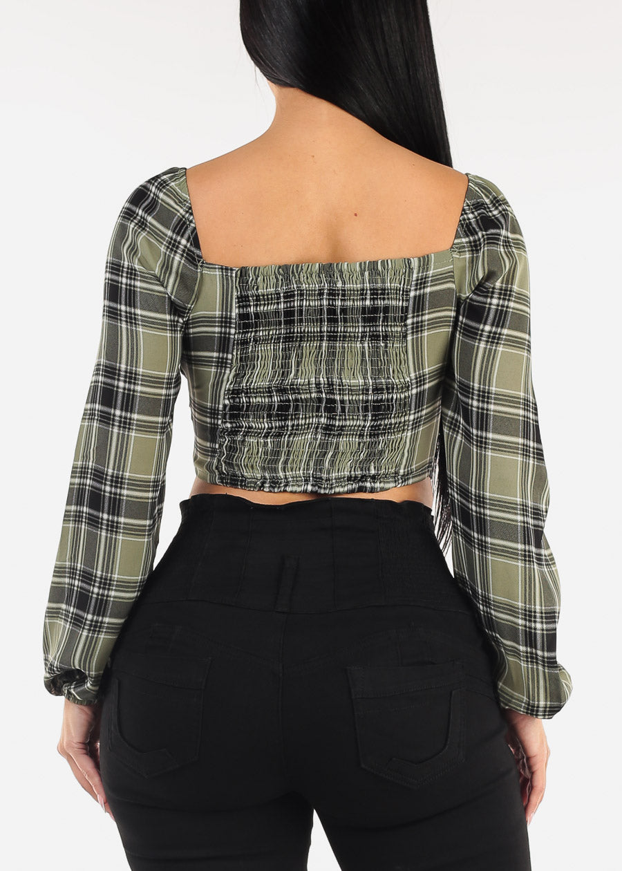 Long Sleeve Plaid Crop Top Olive