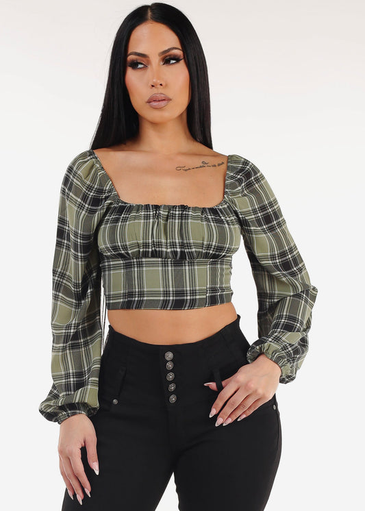 Long Sleeve Plaid Crop Top Olive