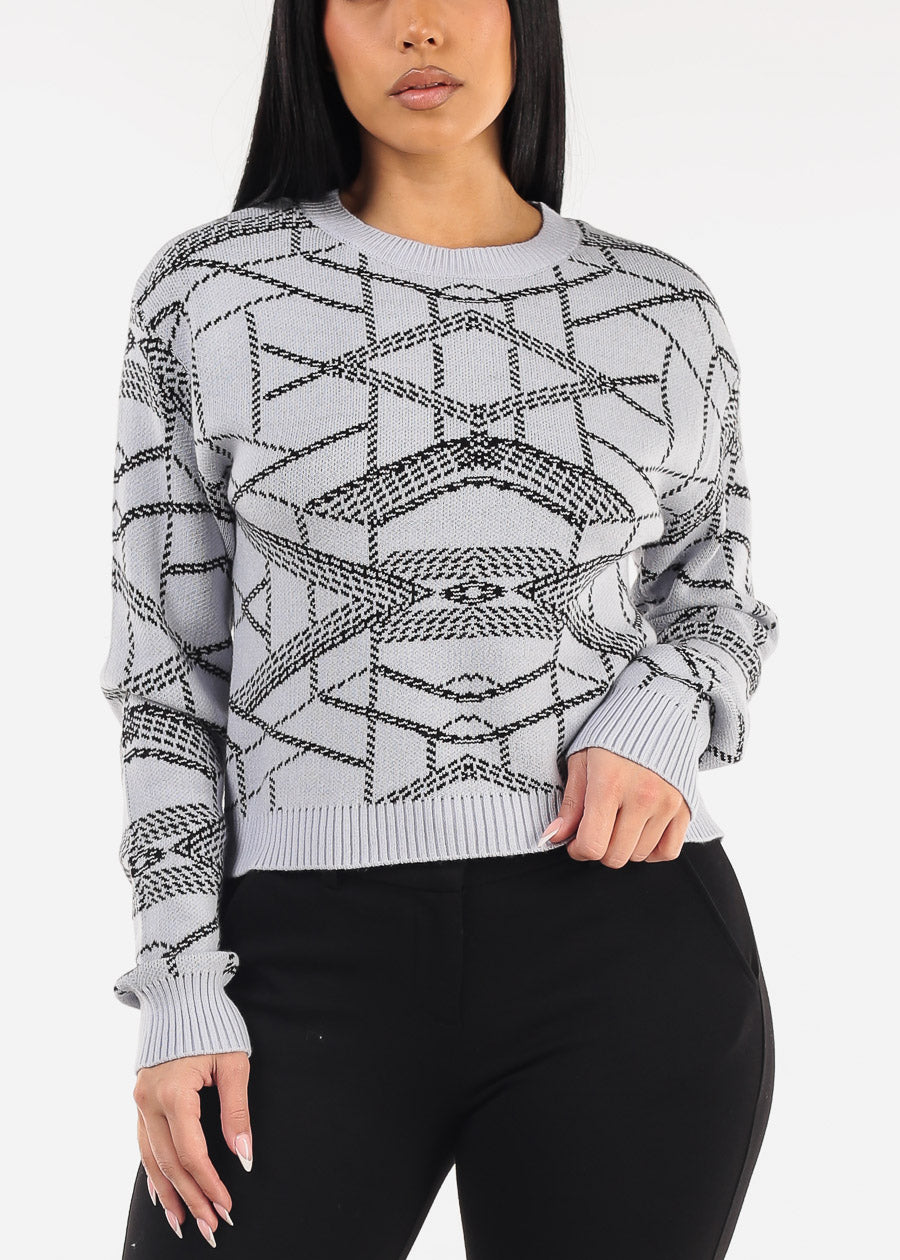 Printed Crewneck Knit Sweater Light Blue