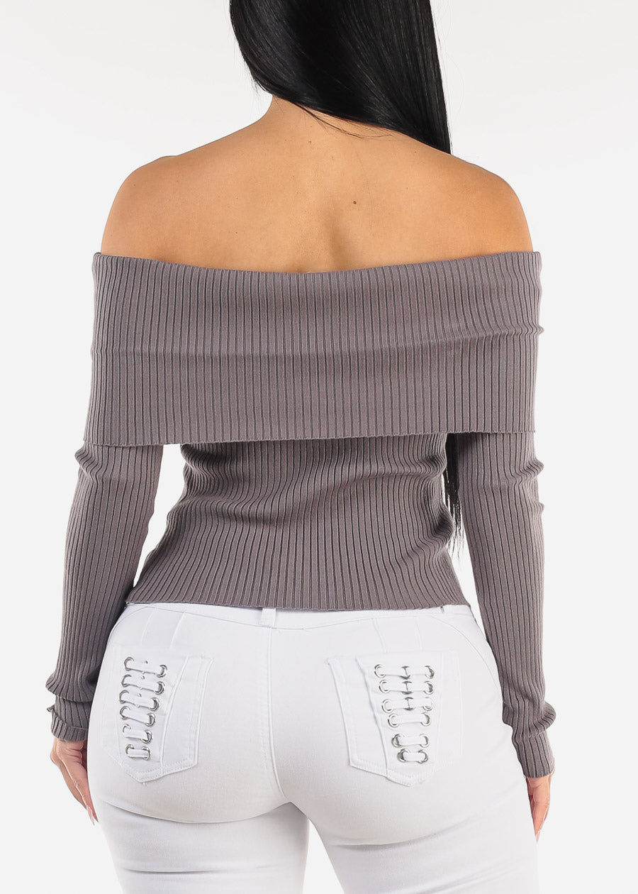 Off Shoulder Ribbed Sweater Top Grey