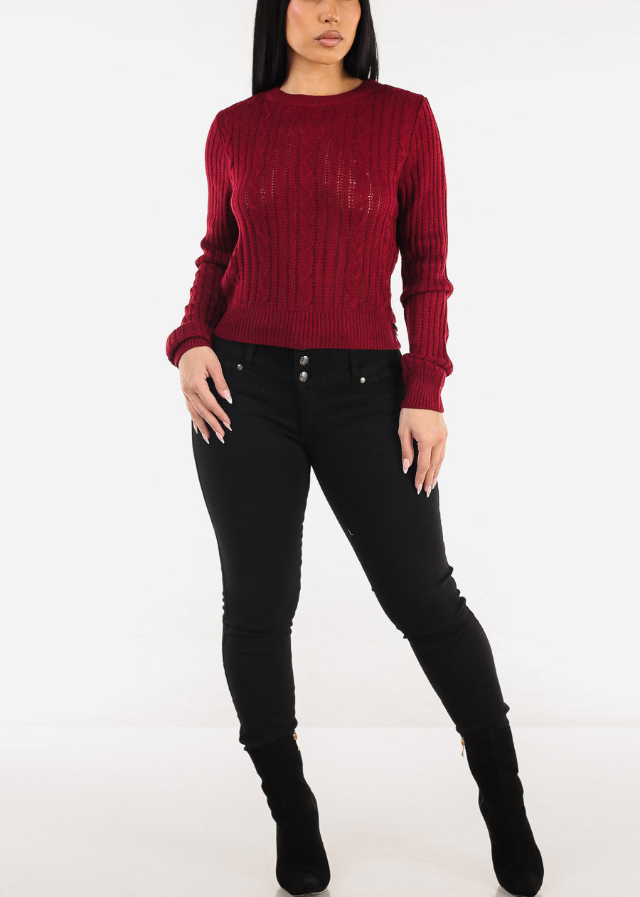 Long Sleeve Crewneck Cable Knit Sweater Burgundy