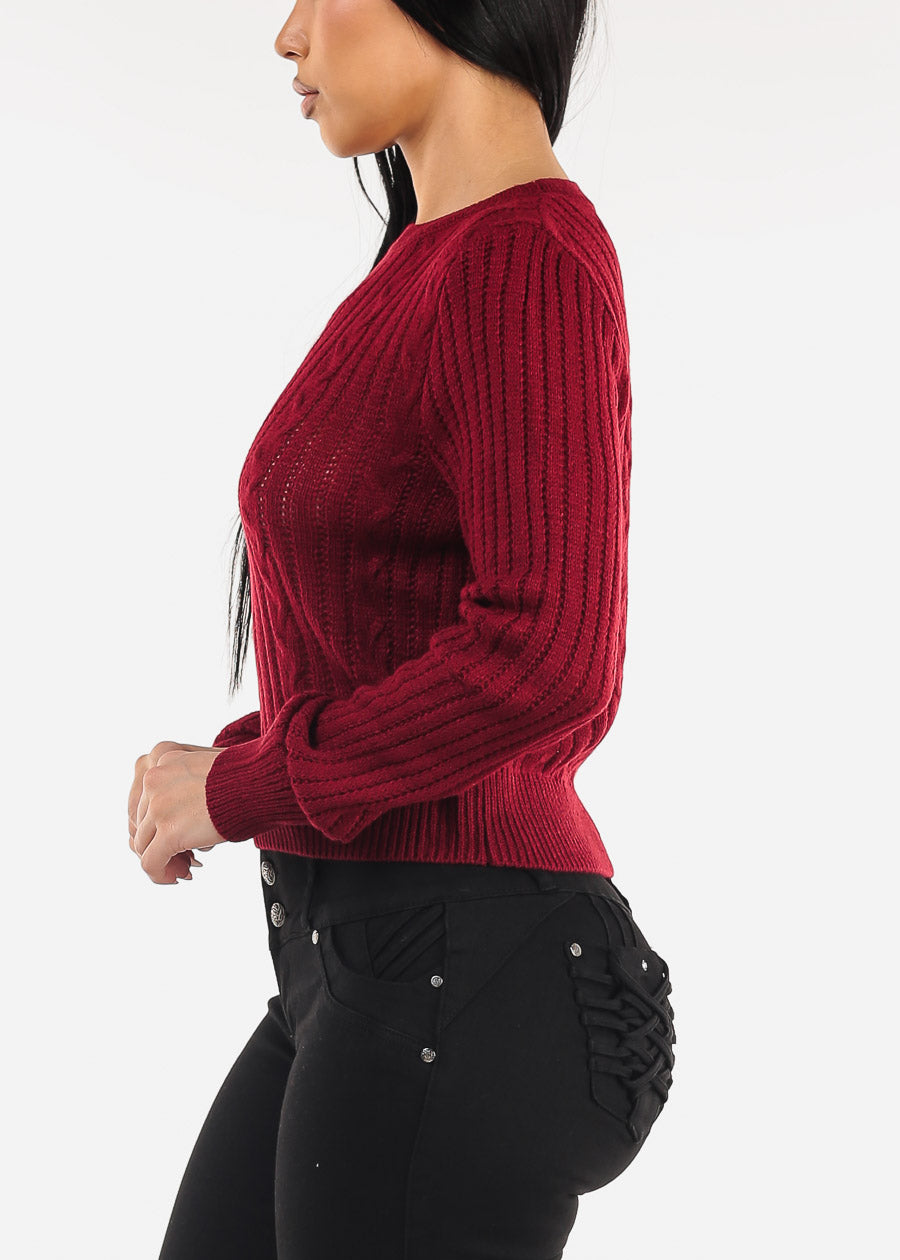 Long Sleeve Crewneck Cable Knit Sweater Burgundy