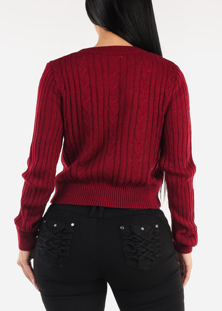 Long Sleeve Crewneck Cable Knit Sweater Burgundy