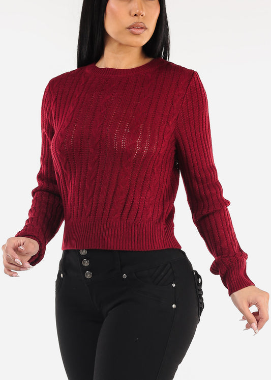 Long Sleeve Crewneck Cable Knit Sweater Burgundy