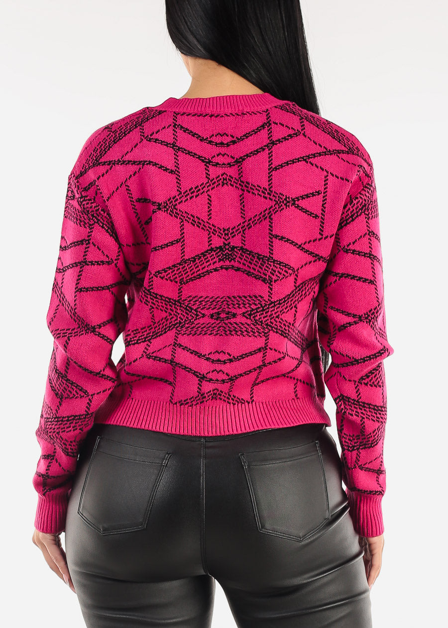 Printed Crewneck Knit Sweater Hot Pink