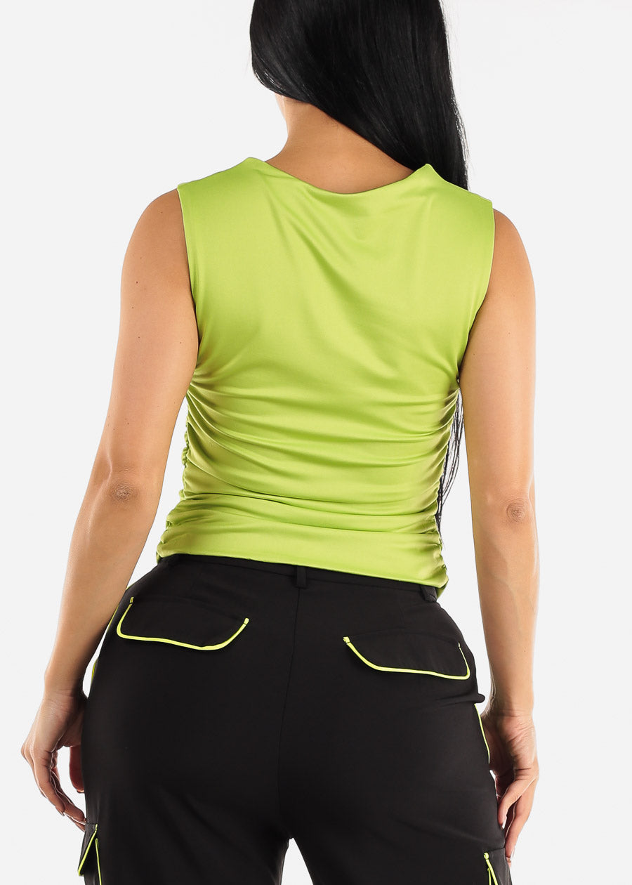 Sleeveless Square Neck Ruched Top Lime