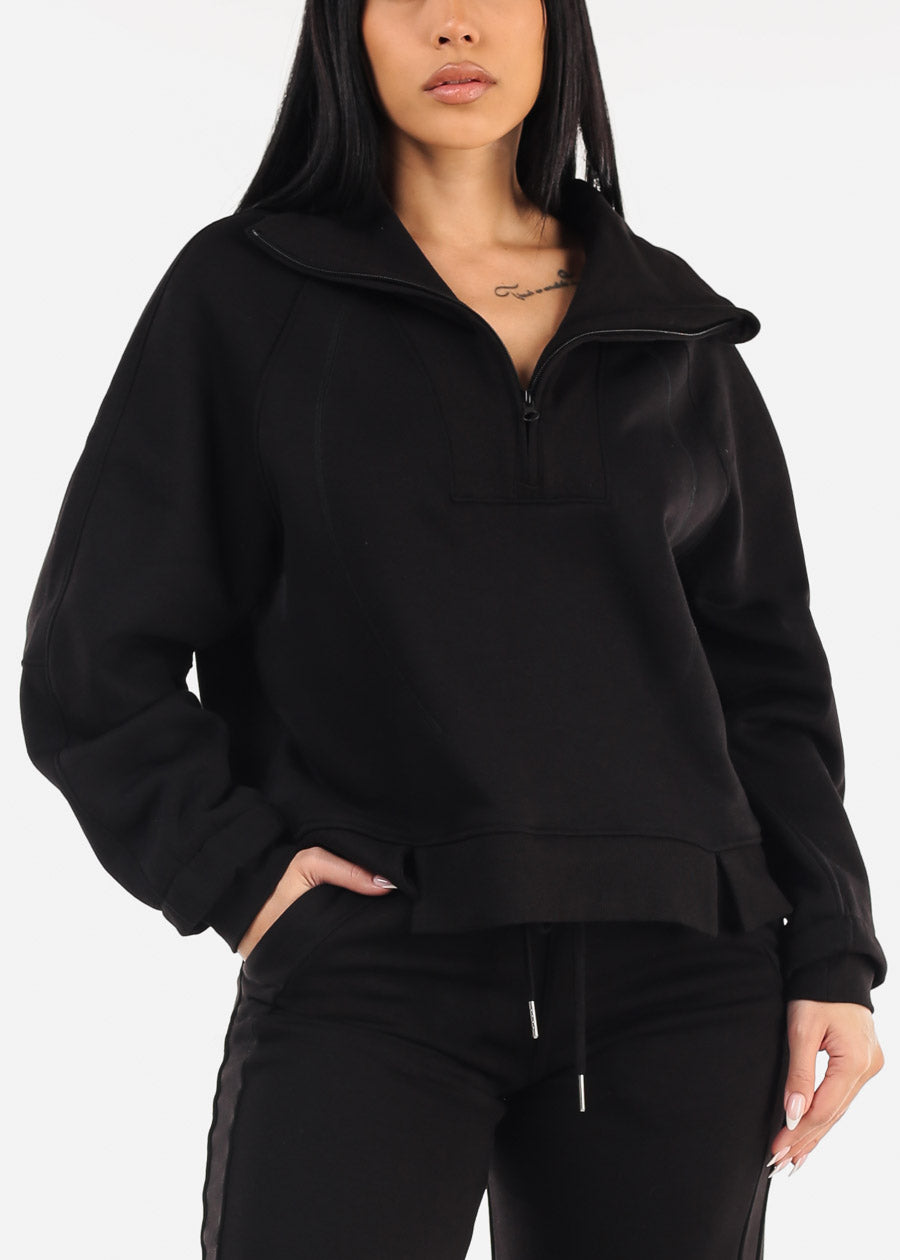 Black Half Zip Up Fleece Sweatshirt