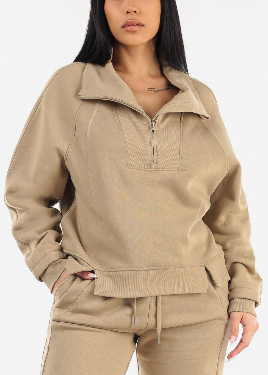 Khaki Half Zip Up Fleece Sweatshirt