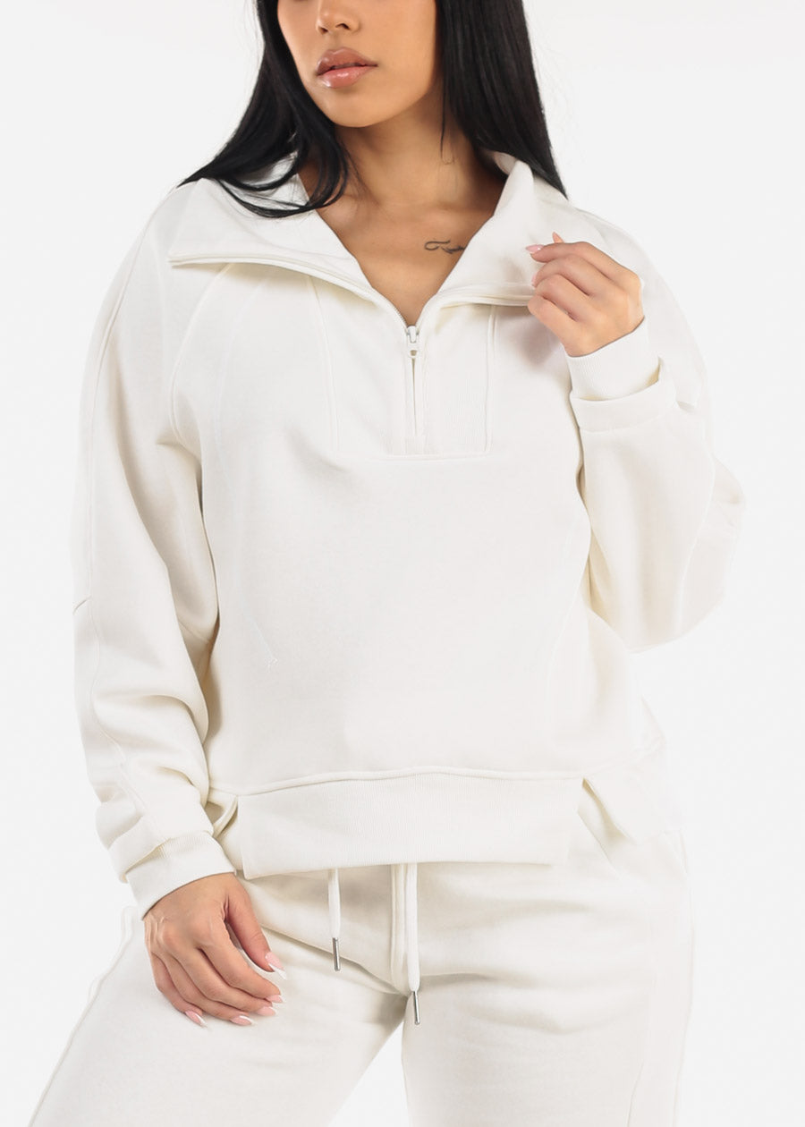 White Half Zip Up Fleece Sweatshirt