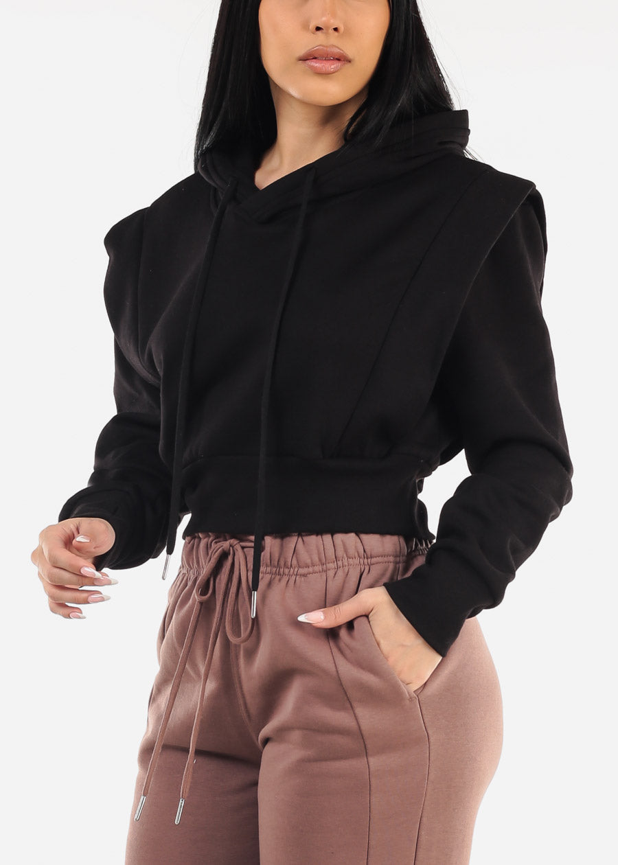 Black Cropped Hoodie w ribbed waistband