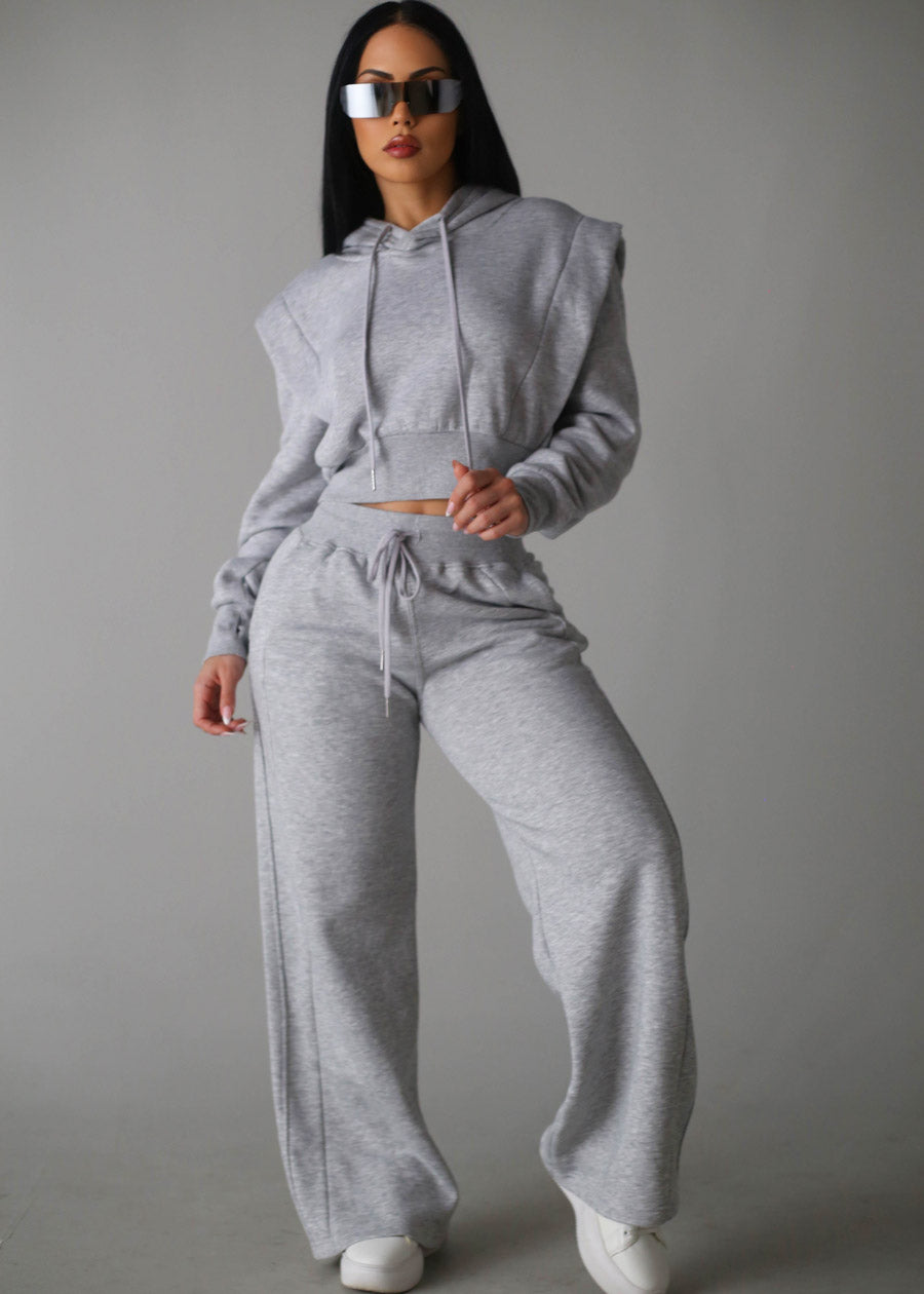 Grey Cropped Hoodie w ribbed waistband