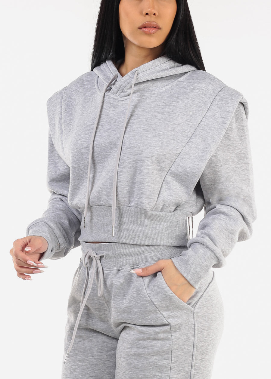 Grey Cropped Hoodie w ribbed waistband