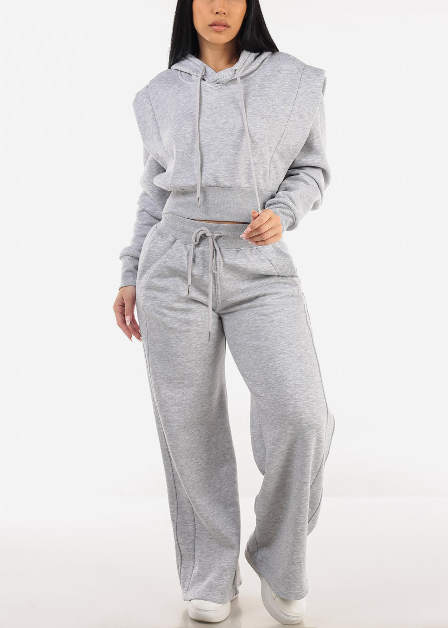 Grey Cropped Hoodie w ribbed waistband