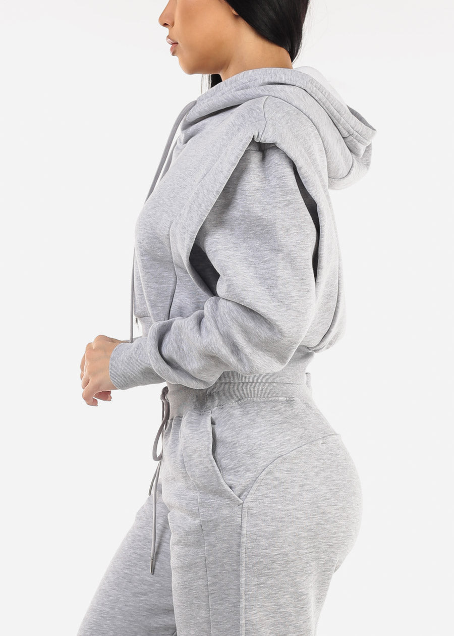 Grey Cropped Hoodie w ribbed waistband