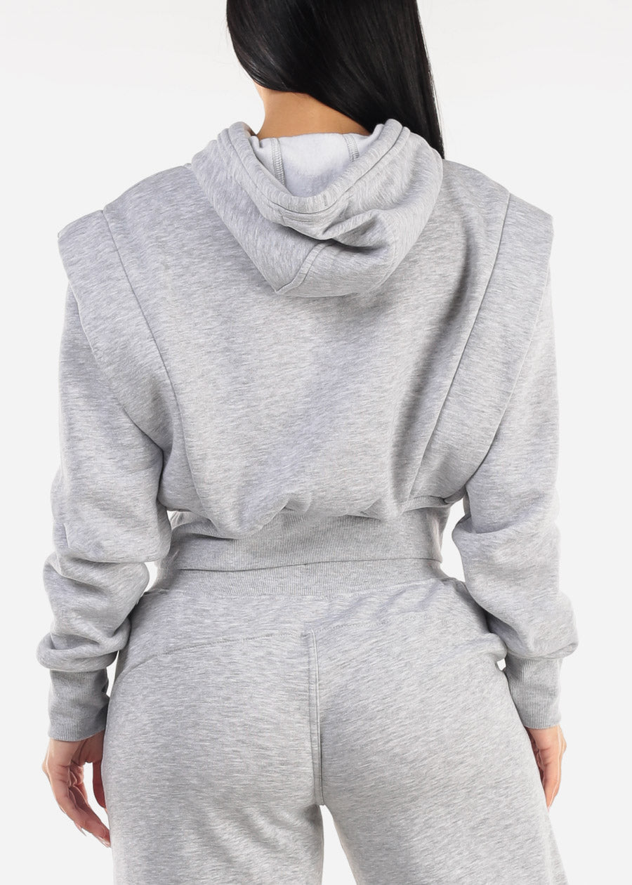 Grey Cropped Hoodie w ribbed waistband