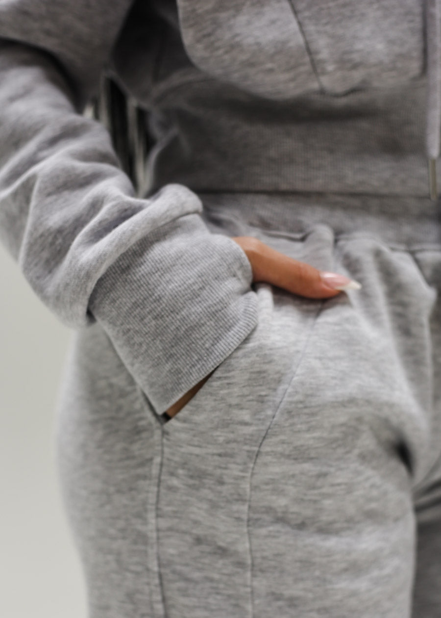 Grey Cropped Hoodie w ribbed waistband