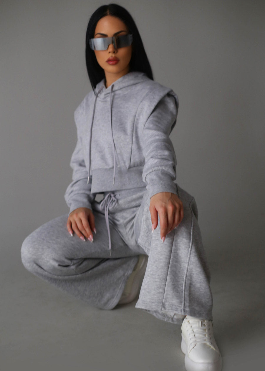 Grey Cropped Hoodie w ribbed waistband