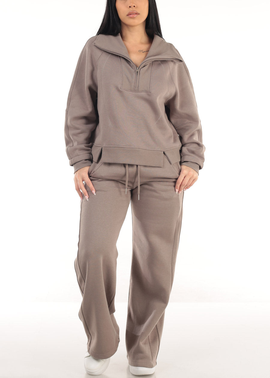 Half Zip Up Fleece Sweatshirt Mocha