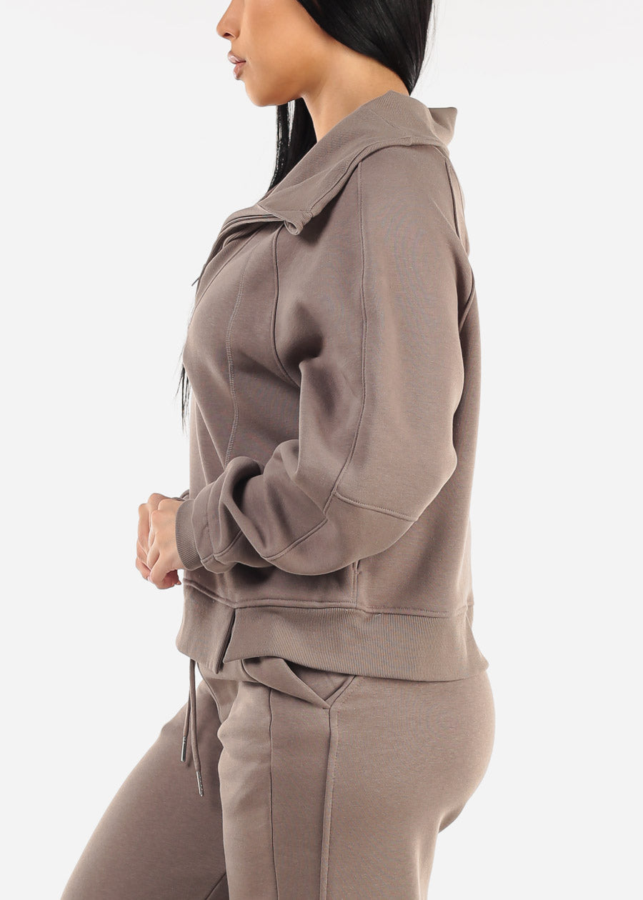 Half Zip Up Fleece Sweatshirt Mocha