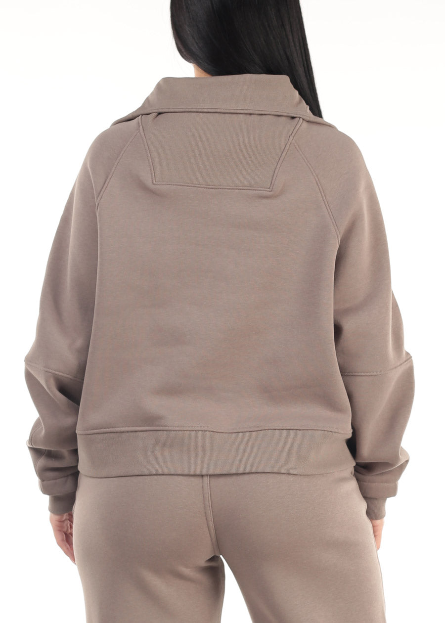 Half Zip Up Fleece Sweatshirt Mocha