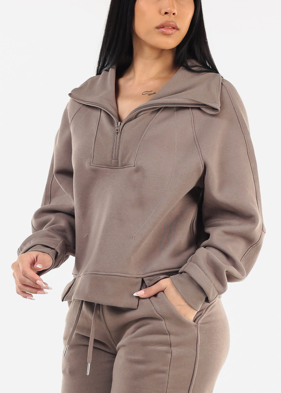 Half Zip Up Fleece Sweatshirt Mocha