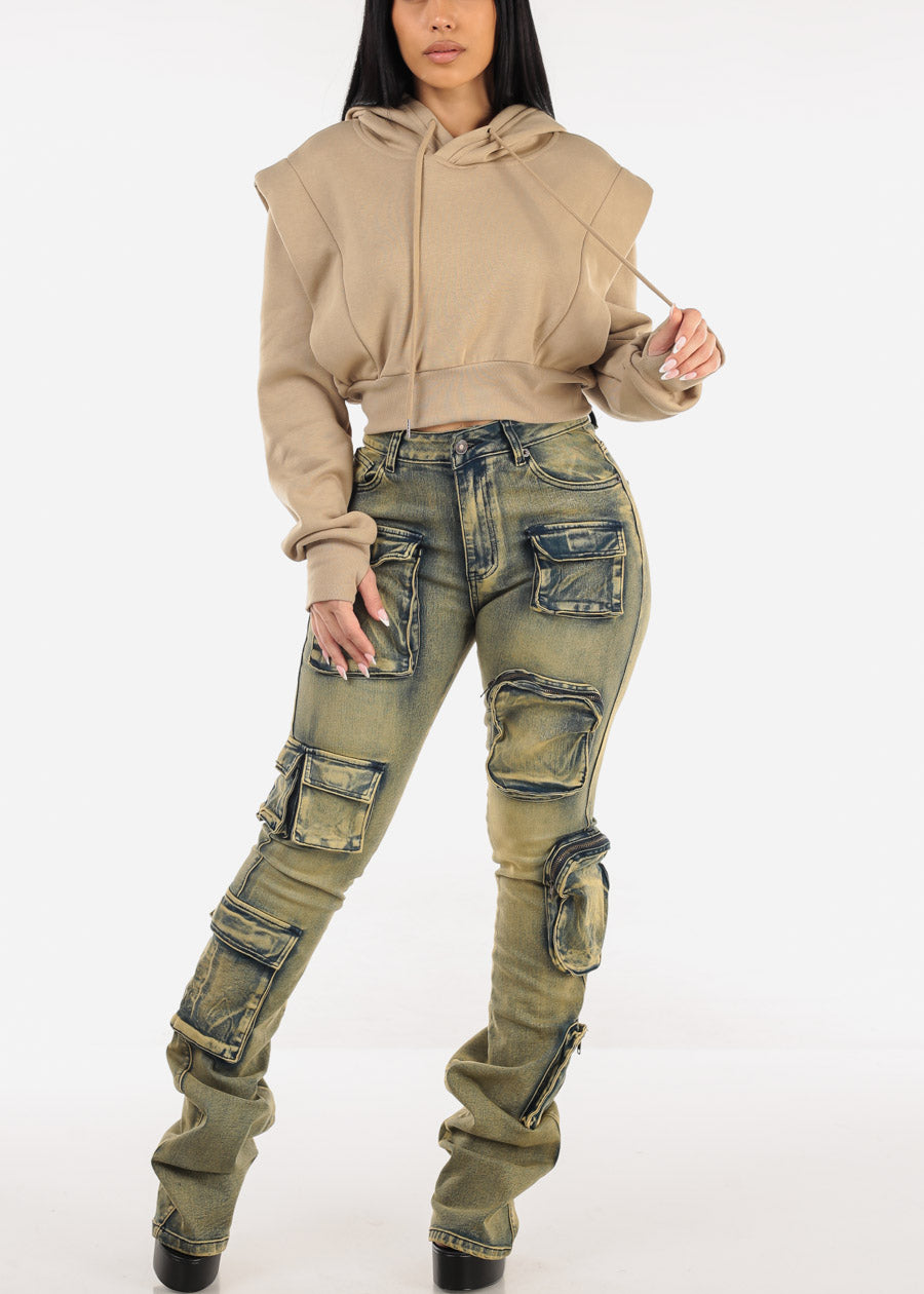 Khaki Cropped Hoodie w Ribbed Waistband