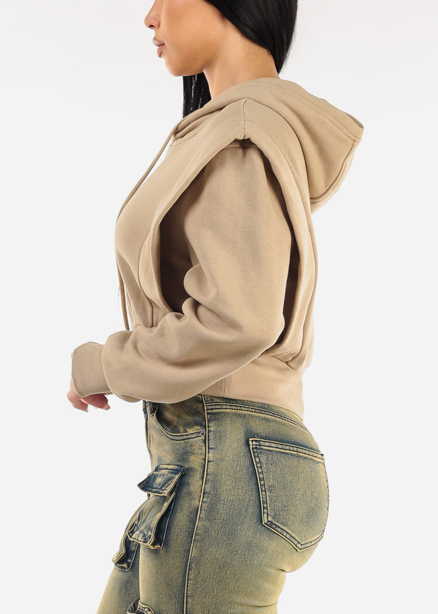 Khaki Cropped Hoodie w Ribbed Waistband