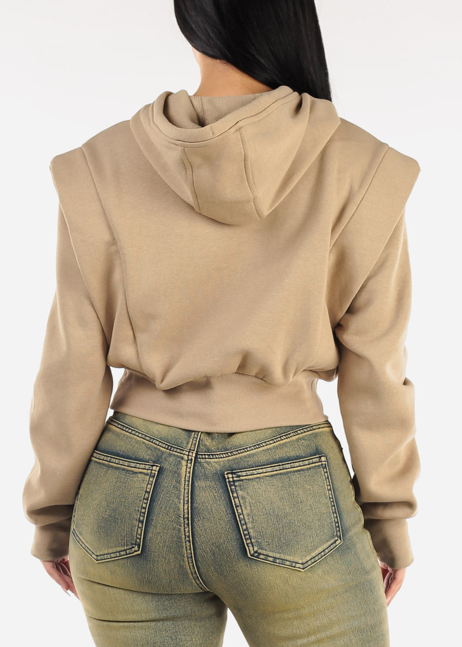 Khaki Cropped Hoodie w Ribbed Waistband