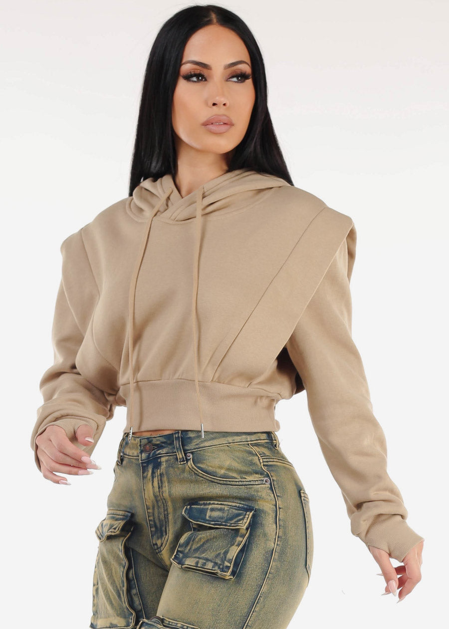 Khaki Cropped Hoodie w Ribbed Waistband