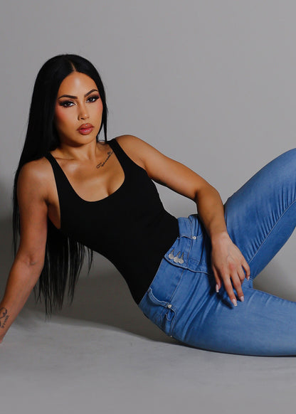 Sleeveless Scoop Neck Thong Bodysuit Black