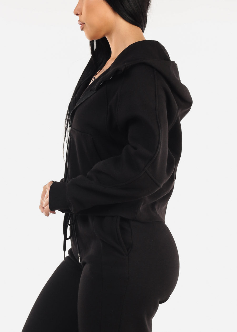 Zip Up Black Fleece Hoodie w Thumbholes