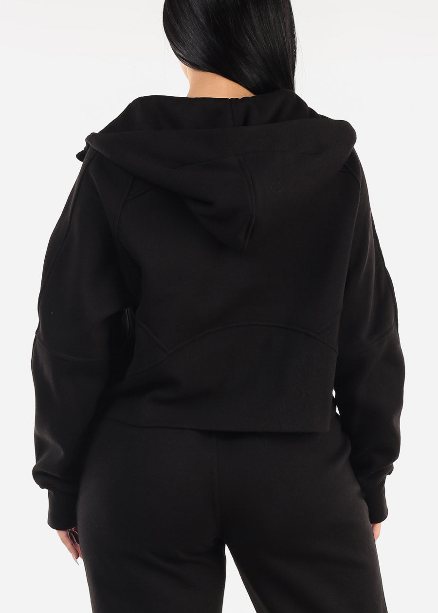 Zip Up Black Fleece Hoodie w Thumbholes