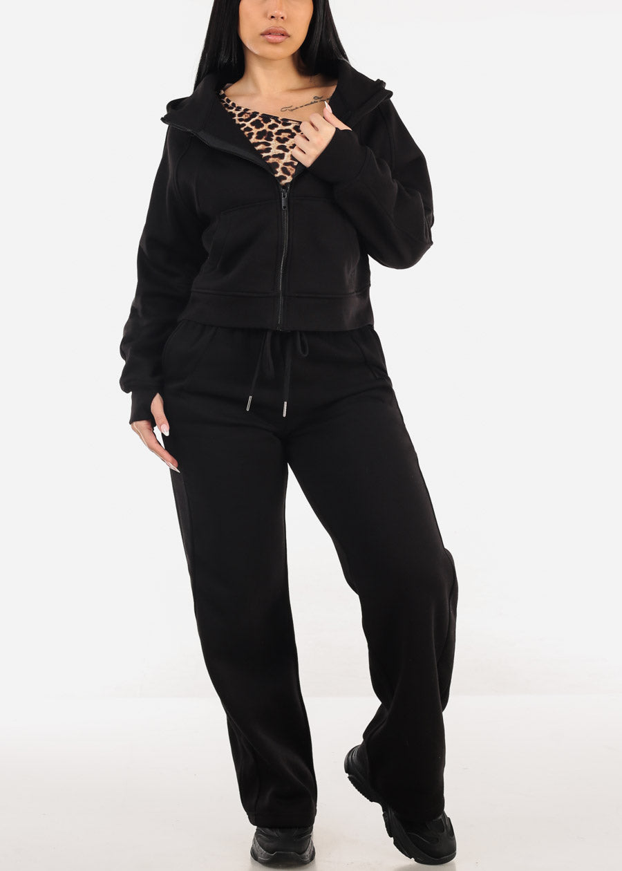 Zip Up Black Fleece Hoodie w Thumbholes