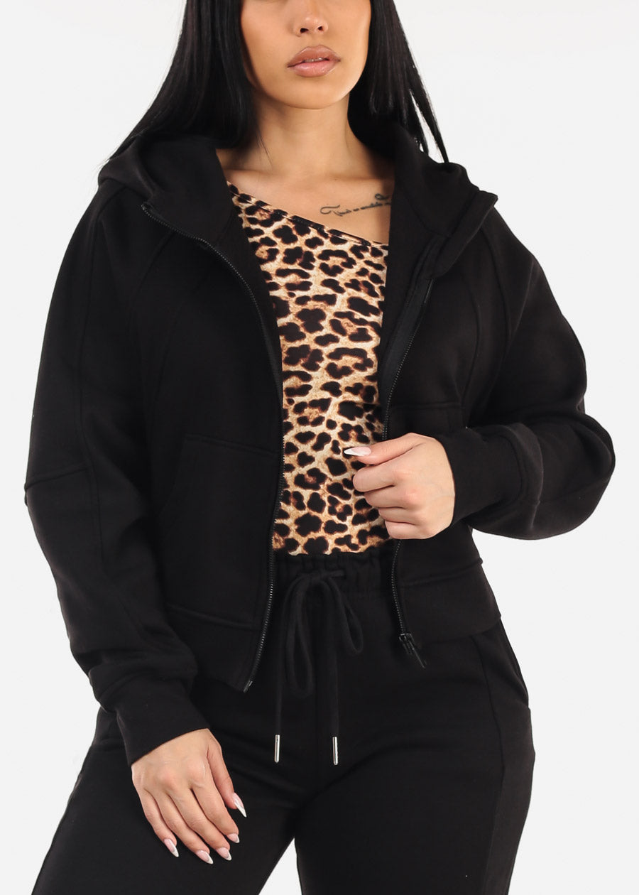 Zip Up Black Fleece Hoodie w Thumbholes