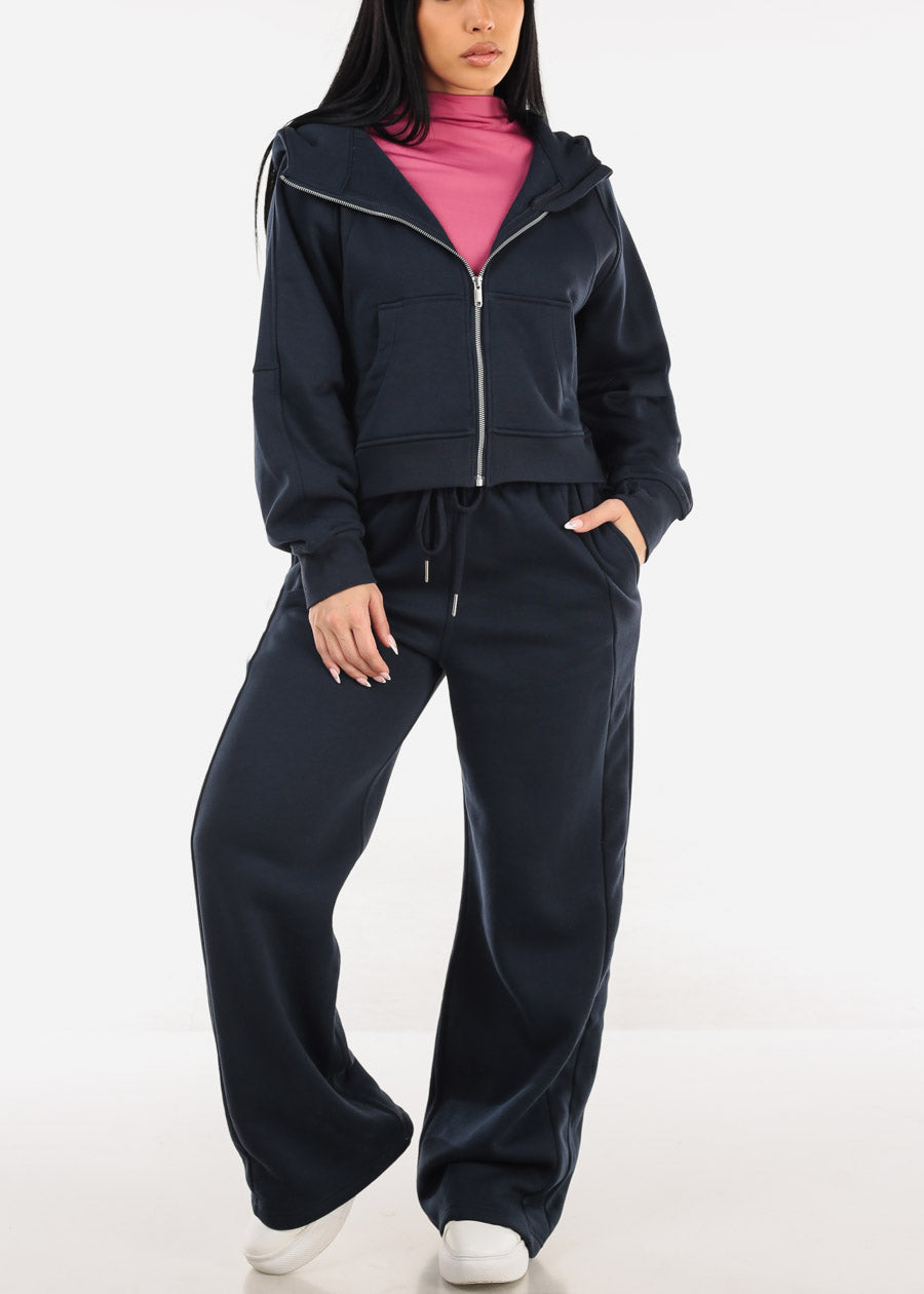 Zip Up Fleece Hoodie Navy w Thumbholes