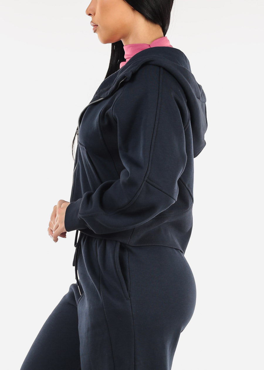 Zip Up Fleece Hoodie Navy w Thumbholes