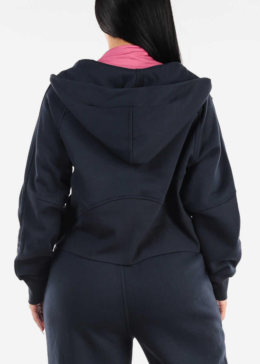 Zip Up Fleece Hoodie Navy w Thumbholes