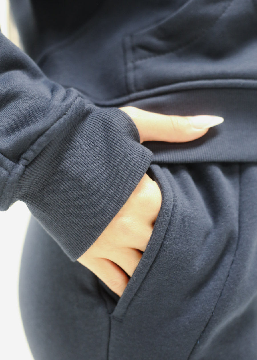 Zip Up Fleece Hoodie Navy w Thumbholes