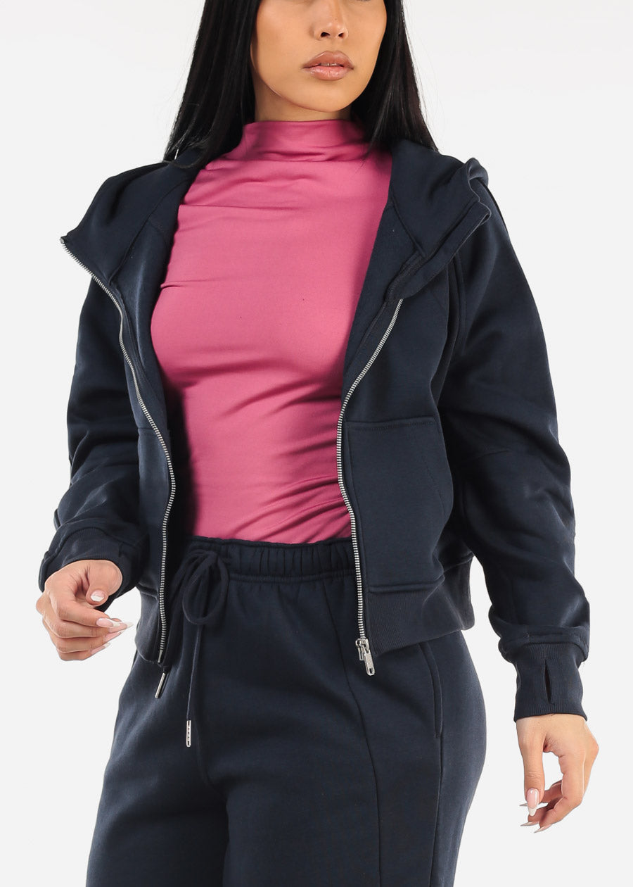 Zip Up Fleece Hoodie Navy w Thumbholes