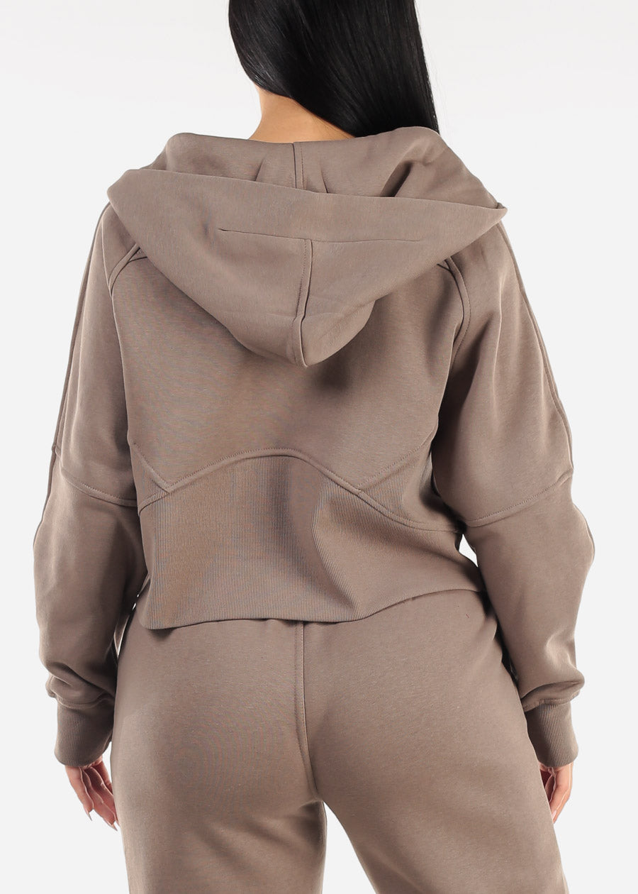 Zip Up Fleece Hoodie Mocha w Thumbholes