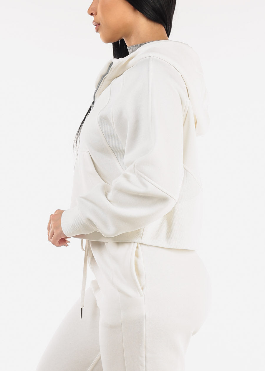 Zip Up White Fleece Hoodie w Thumbholes