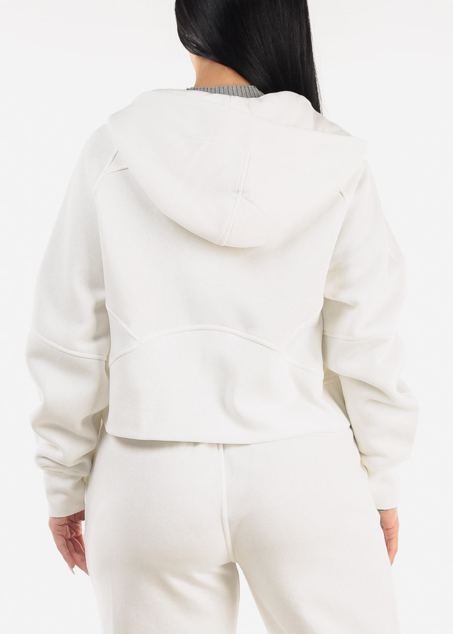 Zip Up White Fleece Hoodie w Thumbholes