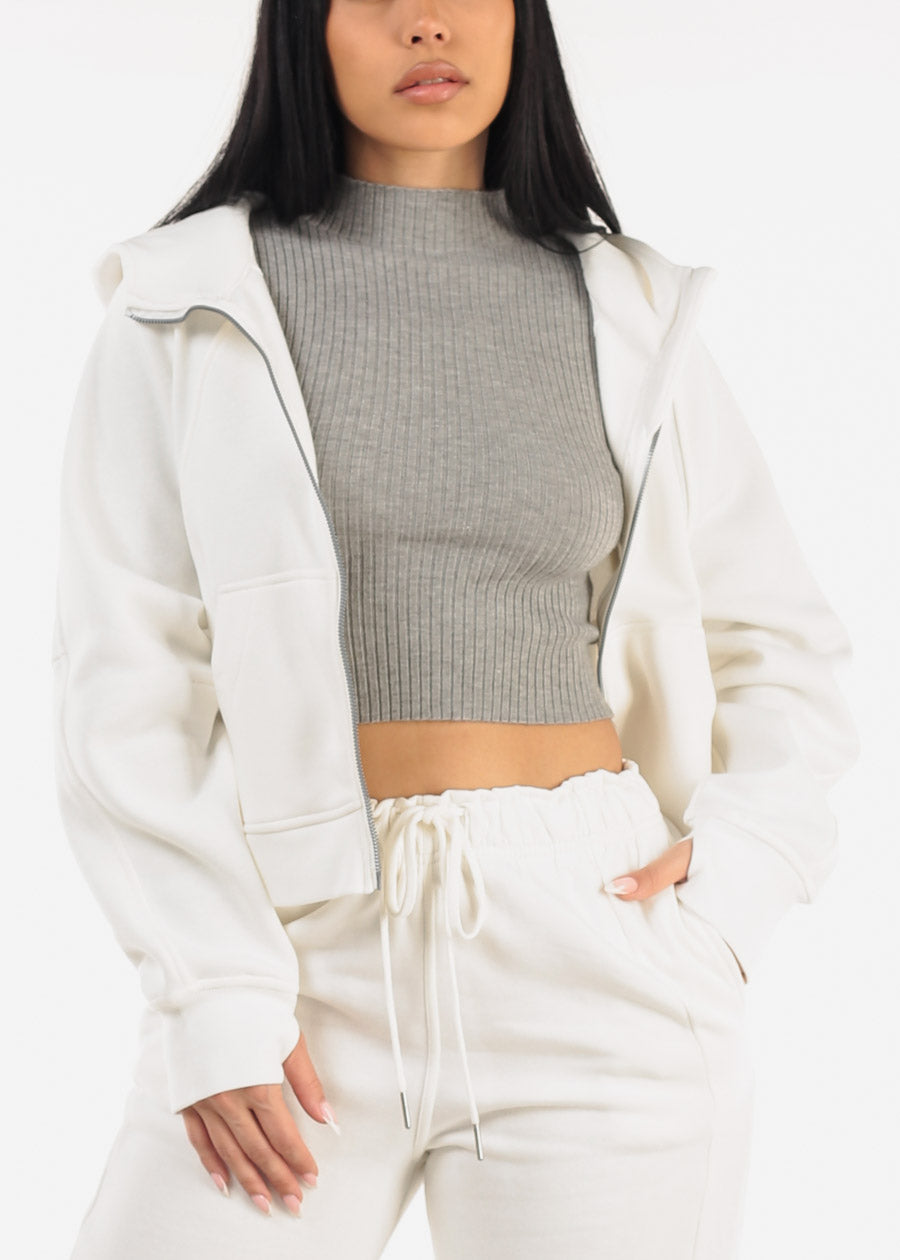 Zip Up White Fleece Hoodie w Thumbholes