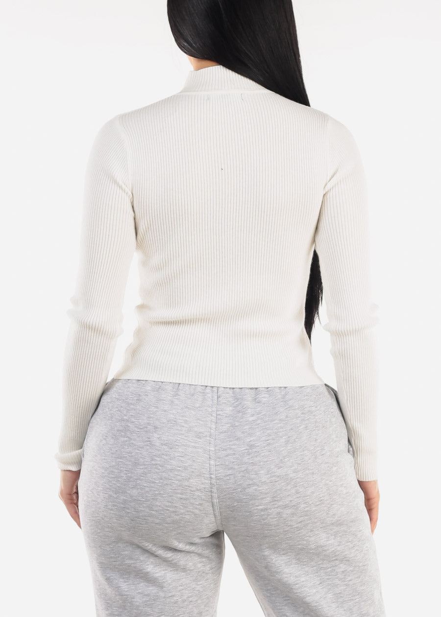 White Mock Neck Ribbed Sweater Top