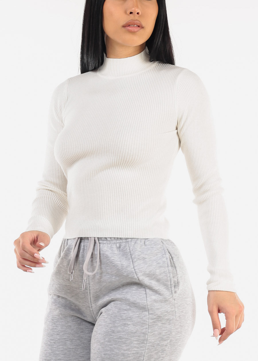 White Mock Neck Ribbed Sweater Top