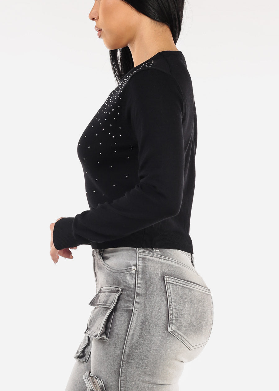 Black Crewneck Sweater Top W Rhinestones